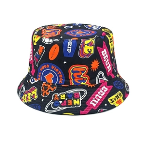 Close-up of black kids bucket hat featuring colorful pop art graffiti and street style prints