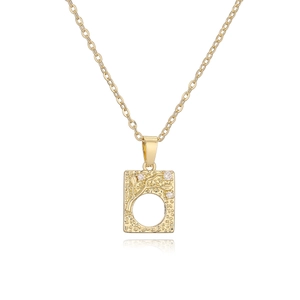 Minimalist gold-plated rectangle pendant necklace with engraved branch and zircon stones
