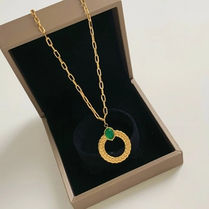 Stainless Steel Gold Plated Necklace For Women Featuring Woven Round Pendant With Oval Green Gemstone Vintage Style