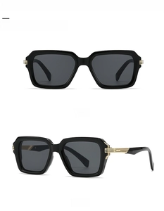 Front and side view of square aviator sunglasses with black frame and gold metal accents