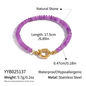 Detailed view of handmade beaded bracelet with dimensions and purple natural stones