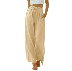 Detailed texture of khaki high-waist wide-leg pants with drawstring and side pockets