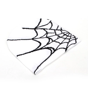 White knit beanie with black spider web jacquard pattern, winter warm style for men and women