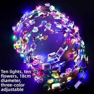 Detail of LED glowing floral headband with 10 roses and 3-mode adjustable lights