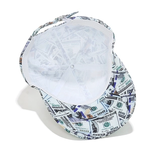 Detailed interior view of a baseball cap with dollar print and adjustable metal buckle