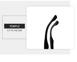 Detail van de ergonomische zwarte brilpoot met gebogen uiteinde voor een comfortabele pas