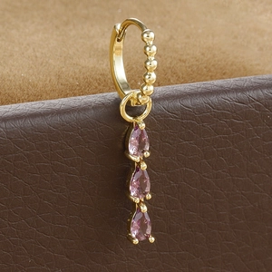 Elegant gold hoop earrings with three vertical pink pear-cut cubic zirconia drops