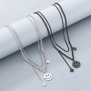 Smiley Face Double Layer Necklace For Women Men Stainless Steel Retro Hip Hop Star Eye Pendant Streetwear Jewelry
