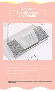 Macro detail of a silver sequined evening clutch bag with gray satin pleated design
