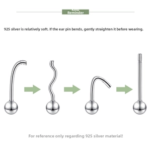 Macro view of adjustable S925 sterling silver ball earring posts showing bending flexibility