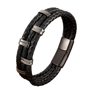 Multi-layer braided black leather bracelet for men featuring silver metal bar and magnetic clasp