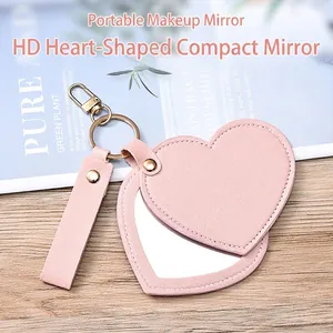 Portable Makeup Mirror Heart Shaped PU Leather Folding Pocket Mirror Keychain Bag Charm Accessories For Women