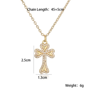 Detail showing cross pendant dimensions 2.5x1.3cm and 45+5cm chain length on white background