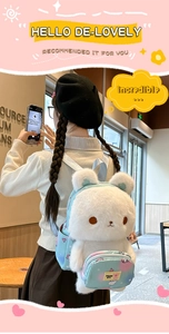 Detail of white plush bear backpack with gradient pocket and cute aesthetic on a model