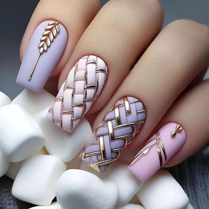 Purple Pink Plaid Wheat Ear Press On Nails Square Shape ABS Detachable False Nails Decorative Manicure For Women