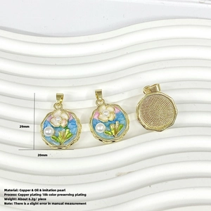 Vintage floral enamel pendant with faux pearl in 18K gold plated finish