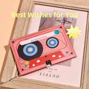 Pink retro cassette-style greeting card with recorder button and Best Wishes for You text