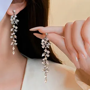 Silver needle leaf tassel earrings with sparkling rhinestones for women