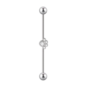 Silver stainless steel industrial barbell with sparkling flower crystal center and ball ends