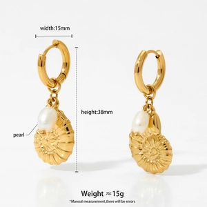 Detailed view of gold shell earrings with pearl inlay, measuring 15mm width and 38mm height