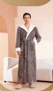 Detail of grey striped flannel bathrobe with white fleece lining and large pockets
