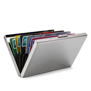 Silver RFID blocking stainless steel wallet with accordion slots shown at 45-degree angle