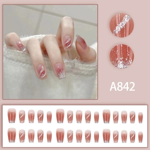 Pink gradient press-on nails with silver glitter stripes in medium-long square shape