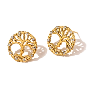 Golden Tree of Life stud earrings with sparkling crystals on a clean white background