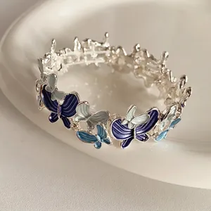 Butterfly Elastic Bracelet Alloy Enamel Gradient Blue Rhinestone Elegant Fashion Jewelry For Women