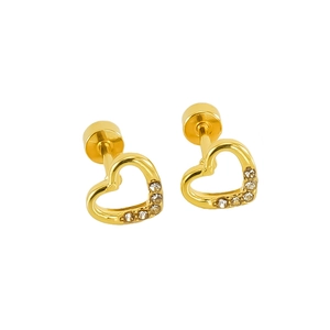 Close-up of golden heart-shaped stud earrings with sparkling stones and screw backs