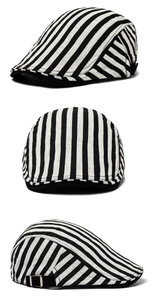 Detailed views of black and white striped cotton linen flat cap from different angles