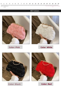 Detail view of 3D rose petal evening clutch bags in pink, white, black and red colors
