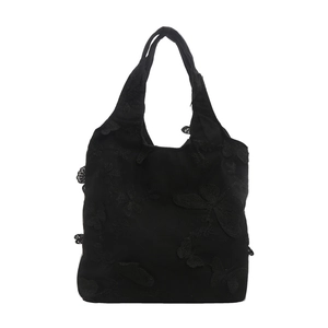 Large black tote bag with premium 3D butterfly embroidery and spacious bucket design