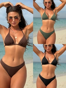 Detail of ribbed fabric texture on triangle bikini sets in brown, green and black