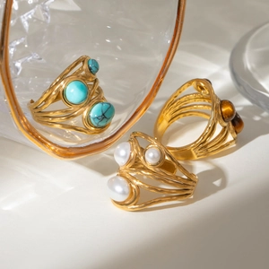 Golden stainless steel open rings set with natural turquoise, pearl and tiger eye stones