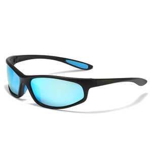 Detail view of sports sunglasses featuring a black frame and blue mirrored lenses