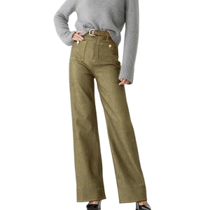 Detail of high-waist wide-leg pants in olive green with textured twill and front pockets