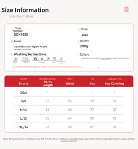 Tableau des tailles et infos matières pour shorts de yoga sans couture du S au XL