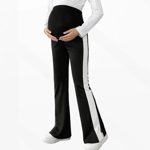 High-waisted maternity flare pants with side stripes and side slit in black and white