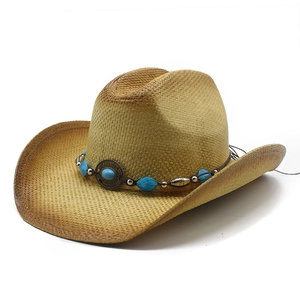Vintage Western Cowboy Paper Straw Hat Wide Brim Breathable Sun Protection With Turquoise Beads For Outdoor Travel Men Women