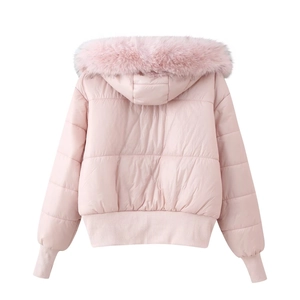 Detailed back view of pink hooded quilted jacket with fluffy faux fur collar
