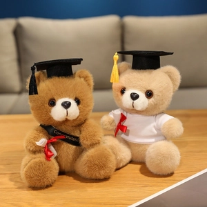 Plush graduation teddy bear pair with black caps and diplomas for student gift
