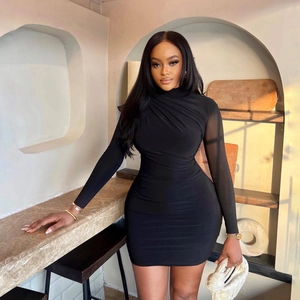 Women Black High Neck Ruched Mini Dress Long Mesh Sleeves Bodycon Elegant Streetwear Polyester Spandex Blend