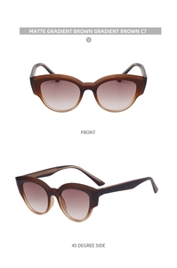 Front and 45-degree side views of matte gradient brown cat-eye sunglasses with retro frames