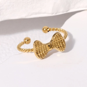 Elegant 18K gold-plated stainless steel bow open ring with twisted rope texture design