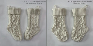 Detail comparing single-sided and double-sided knit diamond patterns on a 37CM cream Christmas stocking