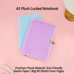 A5 plush notebook with metal lock and 160 lined pages for students in purple and blue