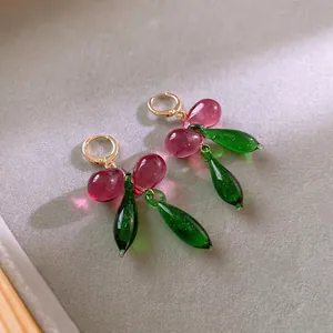 Elegant cherry fruit tassel earrings in red and green glass with gold hooks for women