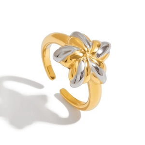 Two-tone 18K gold and silver stainless steel open ring with a unique flower star design