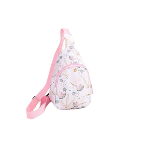 Pink cartoon bunny nylon crossbody chest bag for kids featuring floral and bird prints